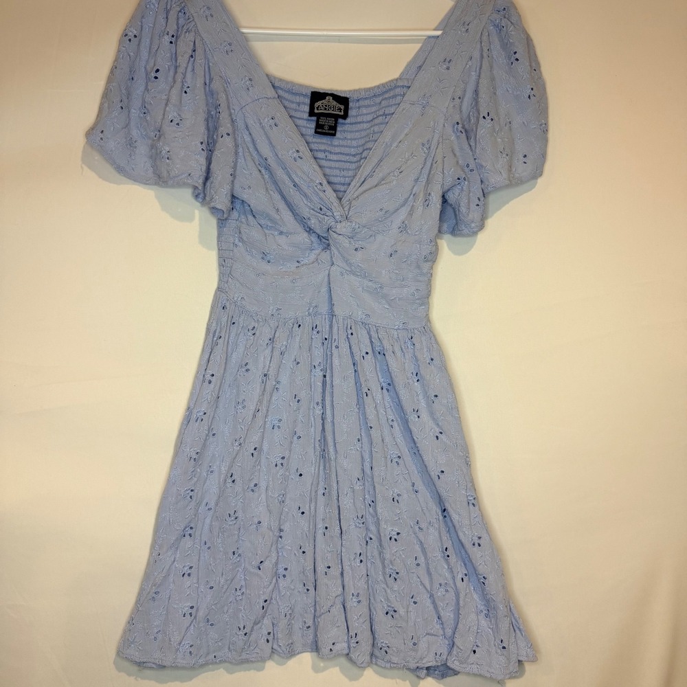 Angie Light Blue Eyelet Twist Front Mini Dress Small Flutter Sleeve Smocked Back